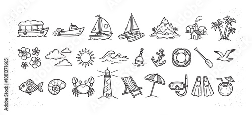 Big collection of hand-drawn doodle icons for summer vacation and tropical beach themes, including a boat, lighthouse, palm trees, crab, sun, and various nautical symbols