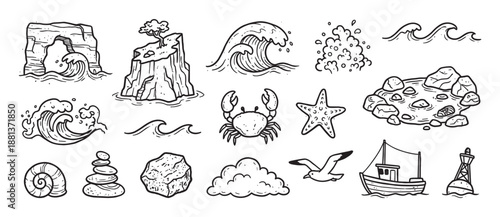 Collection of hand-drawn nautical doodle illustrations featuring a crab, boat, waves, seashell, starfish, and rocks in a simple black and white line art sketch style