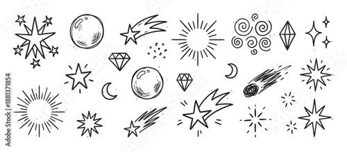 Collection of hand-drawn celestial doodles featuring stars, moons, planets, comets, and diamonds in a simple black and white sketch style for magical or cosmic themed designs