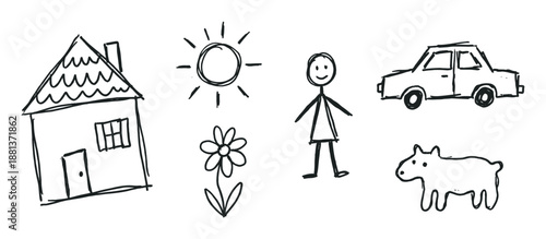 Child's black ink doodle drawing set featuring a happy stick figure person, house, car, sun, flower, and dog in a naive, simple, and charming hand-drawn artistic style