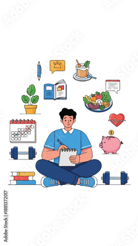 A man sits cross-legged, surrounded by icons representing health and productivity