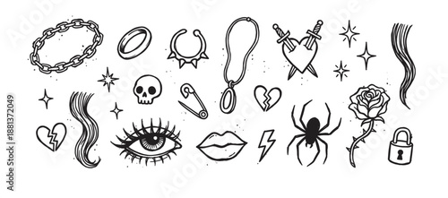 Set of hand-drawn gothic punk icons in a sketchy tattoo flash sheet style featuring a skull, spider, pierced heart, rose, chain, and other emo symbols
