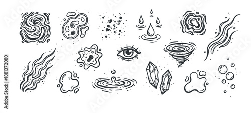 Set of hand-drawn abstract symbols and icons in a monochrome doodle style, featuring elements like water, wind, cells, crystals, and an eye for mystical or scientific concepts