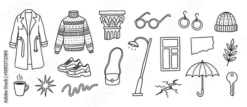 Large set of hand-drawn doodle illustrations in black and white featuring cozy autumn clothes, accessories, and various everyday objects in a simple, minimalist line art style