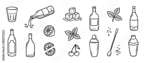 Hand-drawn cocktail and barware illustration set featuring a shaker, bottles, glass, ice cubes, mint, and fruit garnishes in a minimalist black outline sketch style
