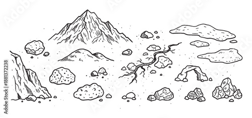 Hand-drawn collection of rocks, mountains, and geological formations in a black and white sketch style, featuring a cliff, stone arch, boulders, and a peak for nature illustrations