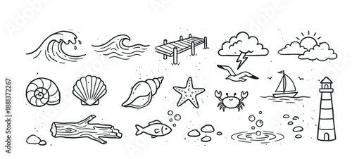 Collection of hand-drawn nautical icons featuring a lighthouse, seashell, wave, sailboat, and crab in a simple black and white doodle style for marine and beach themes