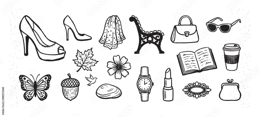 Fototapeta premium Collection of hand-drawn black ink doodle icons featuring feminine accessories, fashion items, and lifestyle objects like a shoe, handbag, lipstick, and coffee cup