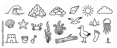Set of hand-drawn beach and sea icons featuring a wave, crab, shell, sandcastle, and jellyfish in a charming black and white doodle style for summer vacation themes