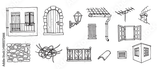 Hand-drawn black and white architectural elements set featuring various building details like windows, doors, a balcony, and a roof in a charming, rustic doodle style illustration
