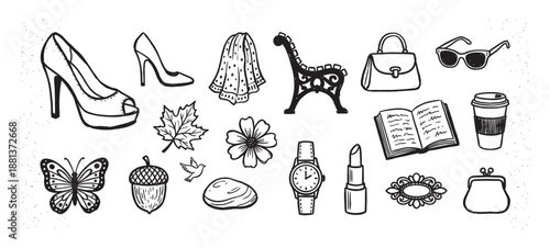 Collection of hand-drawn black ink doodle icons featuring feminine accessories, fashion items, and lifestyle objects like a shoe, handbag, lipstick, and coffee cup