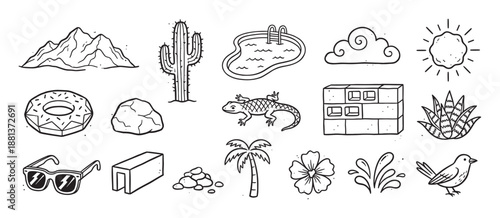 Collection of hand-drawn summer vacation icons including a cactus, swimming pool, sun, palm tree, and sunglasses in a simple black and white doodle style illustration set
