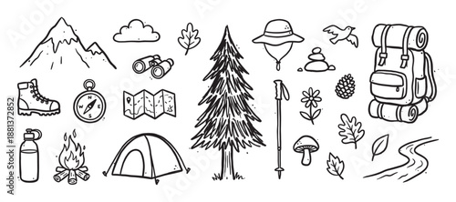 Hand-drawn doodle illustration set of outdoor adventure and camping elements, with icons like a mountain, tent, backpack, and compass drawn in a simple black and white line art style