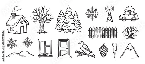 Charming set of hand-drawn winter doodles featuring a cozy house, pine trees, snowflakes, a car, and a bird in a black and white rustic sketch illustration style