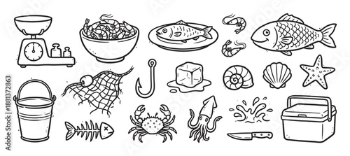 Hand-drawn set of seafood icons including fish, shrimp, crab, squid, and fishing equipment like a net, hook, and bucket in a simple black and white doodle style illustration