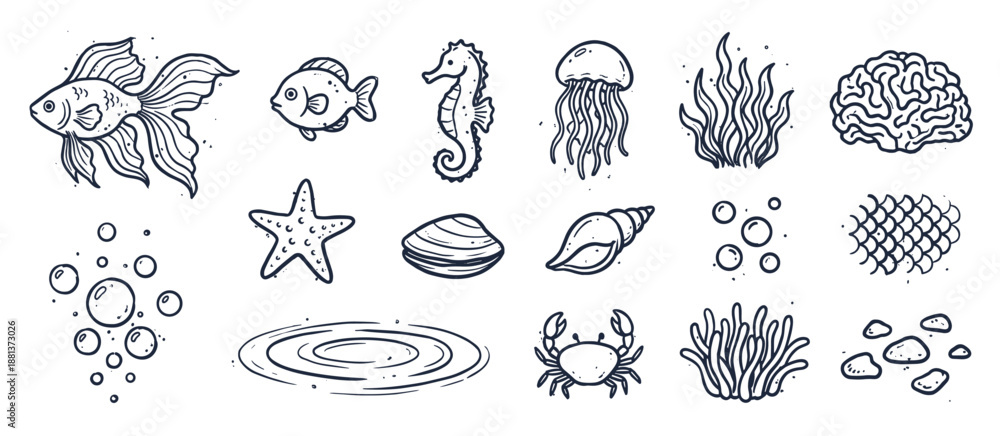Fototapeta premium Hand-drawn set of sea life illustrations featuring a fish, crab, seahorse, jellyfish, and starfish in a monochrome doodle style with vintage line art details for a charming aquatic theme