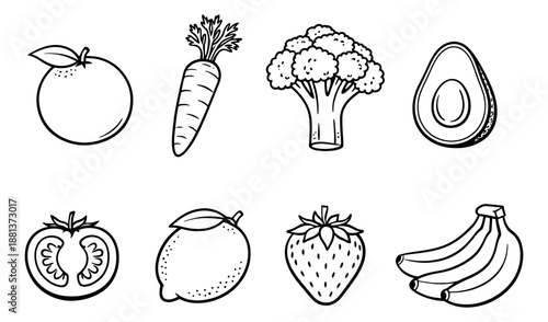 Hand drawn line art fruit and vegetable set featuring various produce items for healthy eating and nutrition