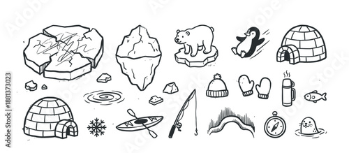 Collection of hand-drawn arctic icons featuring a polar bear, penguin, igloo, and other winter elements in a simple black and white doodle style illustration set for cold weather themes