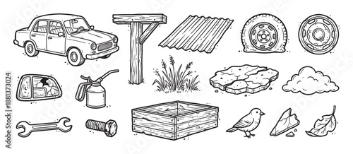 Collection of hand-drawn monochrome illustrations featuring a vintage car, flat tire, repair tools, and other rustic elements in a detailed sketchy line art style