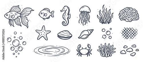 Hand-drawn set of sea life illustrations featuring a fish, crab, seahorse, jellyfish, and starfish in a monochrome doodle style with vintage line art details for a charming aquatic theme