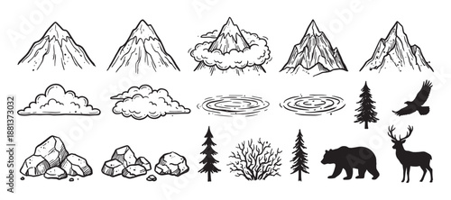 Hand-drawn collection of nature and wildlife elements with mountains, trees, clouds, rocks, and animal silhouettes in a black and white doodle style for outdoor adventure themes