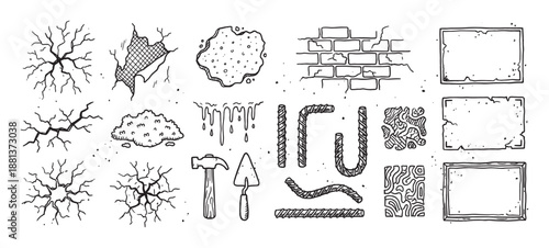 Hand drawn construction and damage elements set with cracked walls, rebar, brickwork, hammer, and trowel in a black and white doodle style illustration collection