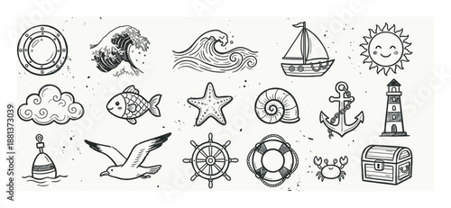 Set of hand-drawn nautical icons featuring a sailboat, anchor, lighthouse, and marine life in a charming black and white doodle style for maritime and adventure concepts