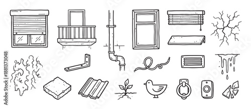 Hand-drawn doodle illustration set of various building parts and home repair items including a window, balcony, pipe, roof tile, and other elements in a simple black line art style