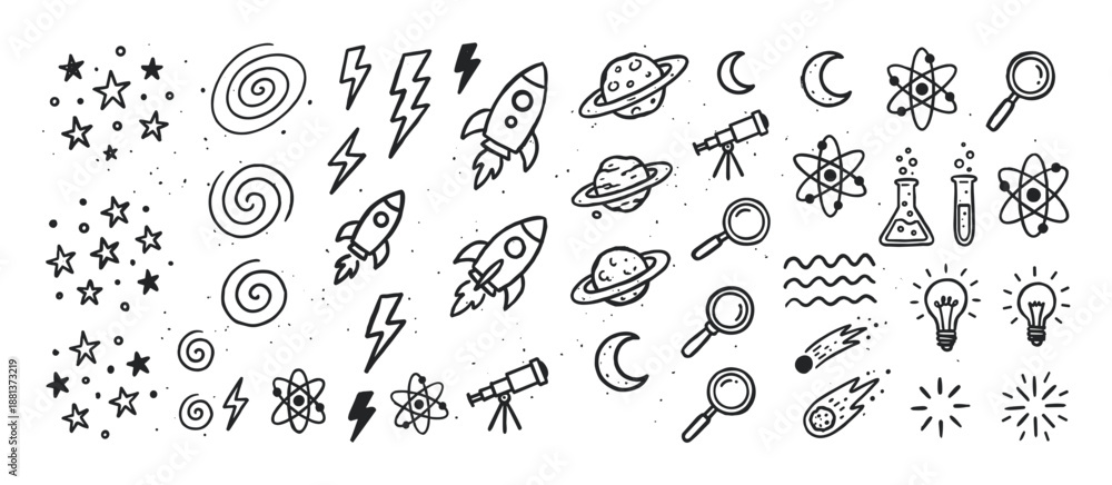 Obraz premium Collection of black hand-drawn doodle icons for science and space themes, featuring rockets, planets, atoms, stars, telescopes, and lightbulbs in a cute, simple sketch illustration style