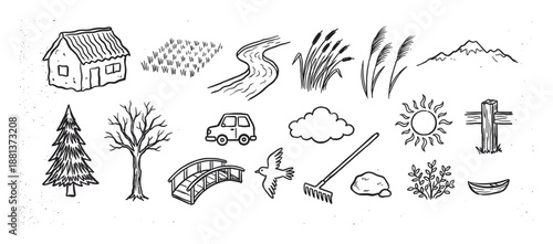 Set of hand-drawn black ink doodle illustrations depicting various rural and nature elements like a house, car, tree, river, and sun in a charming, rustic, sketchy style