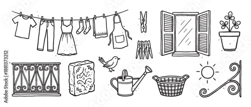 Set of hand-drawn doodle illustrations featuring laundry on a clothesline, a window, a watering can, and other household items in a charming black and white line art style