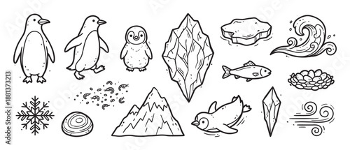 Set of hand-drawn arctic and antarctic doodles featuring cute penguins, an iceberg, a fish, a snowflake, and other winter elements in a simple line art cartoon style
