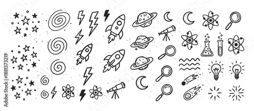 Collection of black hand-drawn doodle icons for science and space themes, featuring rockets, planets, atoms, stars, telescopes, and lightbulbs in a cute, simple sketch illustration style