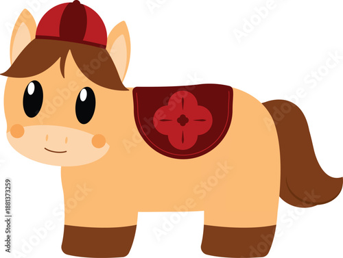 Cute Cartoon Pony with Red Cap and Saddle