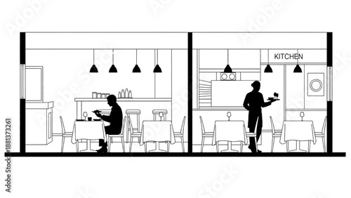 High-quality black continuous line art of a restaurant side view floor plan with black silhouette diner seated at table and staff serving, modern dining interior illustration