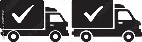 Fast delivery truck silhouette icons with checkmark symbol for logistics, shipping, and order fulfillment services, isolated on white