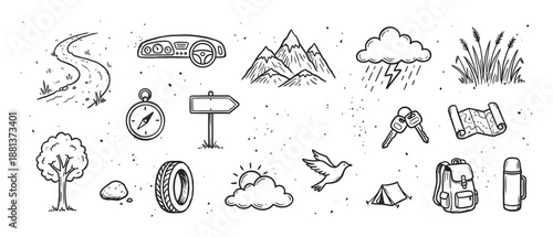 Collection of hand-drawn travel icons for road trips and camping adventures, featuring a map, compass, tent, and car in a black and white doodle sketch illustration style