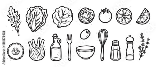 Hand-drawn black and white salad ingredients and utensils collection showing vegetables, seasonings, and kitchen tools in a doodle sketch style for healthy cooking concepts