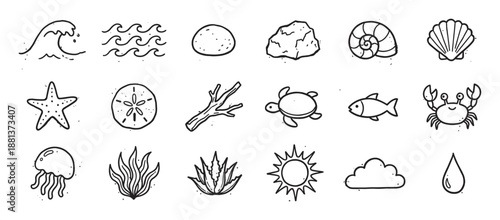 Set of hand-drawn sea and beach icons in a simple black and white doodle style featuring a wave, turtle, crab, shell, sun, and other marine life elements