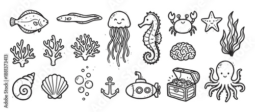 Hand-drawn doodle set of cute sea creatures and nautical icons including an octopus, fish, submarine, and treasure chest in a charming black and white line art illustration style