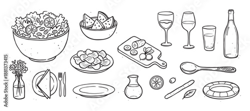 Collection of hand-drawn food and dining illustrations in a charming black and white doodle style, featuring a fresh salad, pasta, wine, watermelon, and various tableware elements