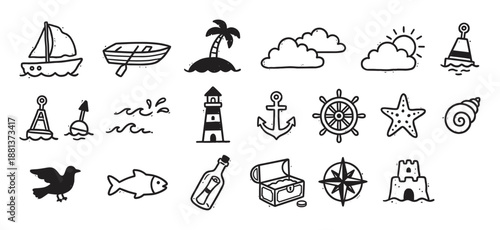 Hand-drawn nautical and marine icon set with a sailboat, anchor, lighthouse, and treasure chest in a simple black and white doodle style for summer vacation themes