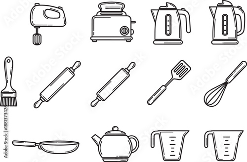 Cooking tools and appliances outline icons set vector illustration household equipment