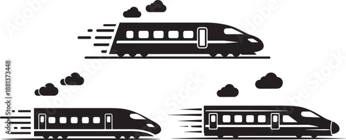 High-speed bullet train silhouette icons representing rapid transit, modern transportation, and railway travel, isolated on white