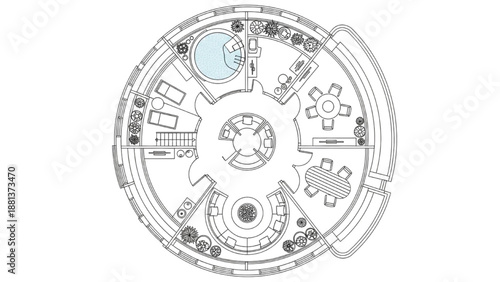 High-quality black continuous line art of a modern round rooftop terrace floor plan, circular architecture and outdoor living illustration
