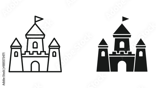 Simple castle icon set with flag on top
