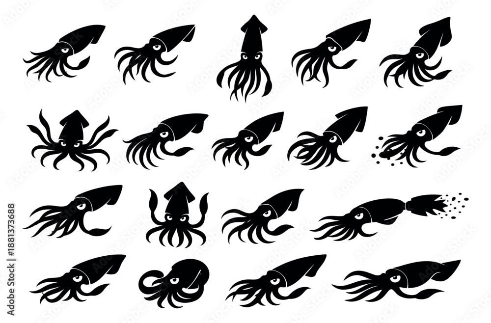 Fototapeta premium Graphic squid set featuring various marine animal poses for ocean-themed design