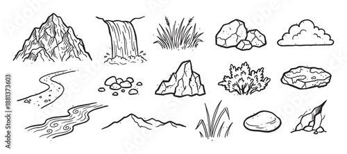 Set of hand-drawn nature landscape elements featuring mountains, a waterfall, rocks, a river, grass, and a cloud in a black and white doodle sketch style for outdoor themes