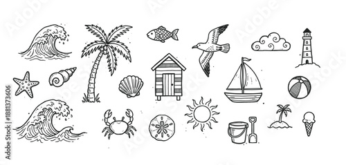 Set of hand-drawn beach-themed icons in a black and white doodle style, featuring a palm tree, ocean wave, seashell, crab, sailboat, and other summer vacation elements