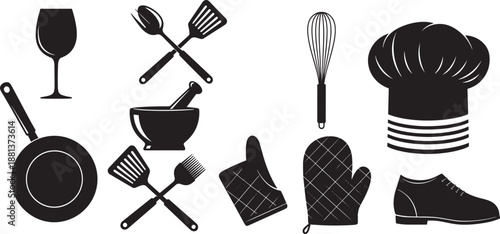 Kitchen cooking tools and chef hat silhouette collection